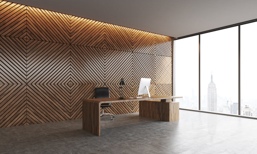 WorkplaceOfCompanysHeadWithDesktopAndConcreteFloorWooden